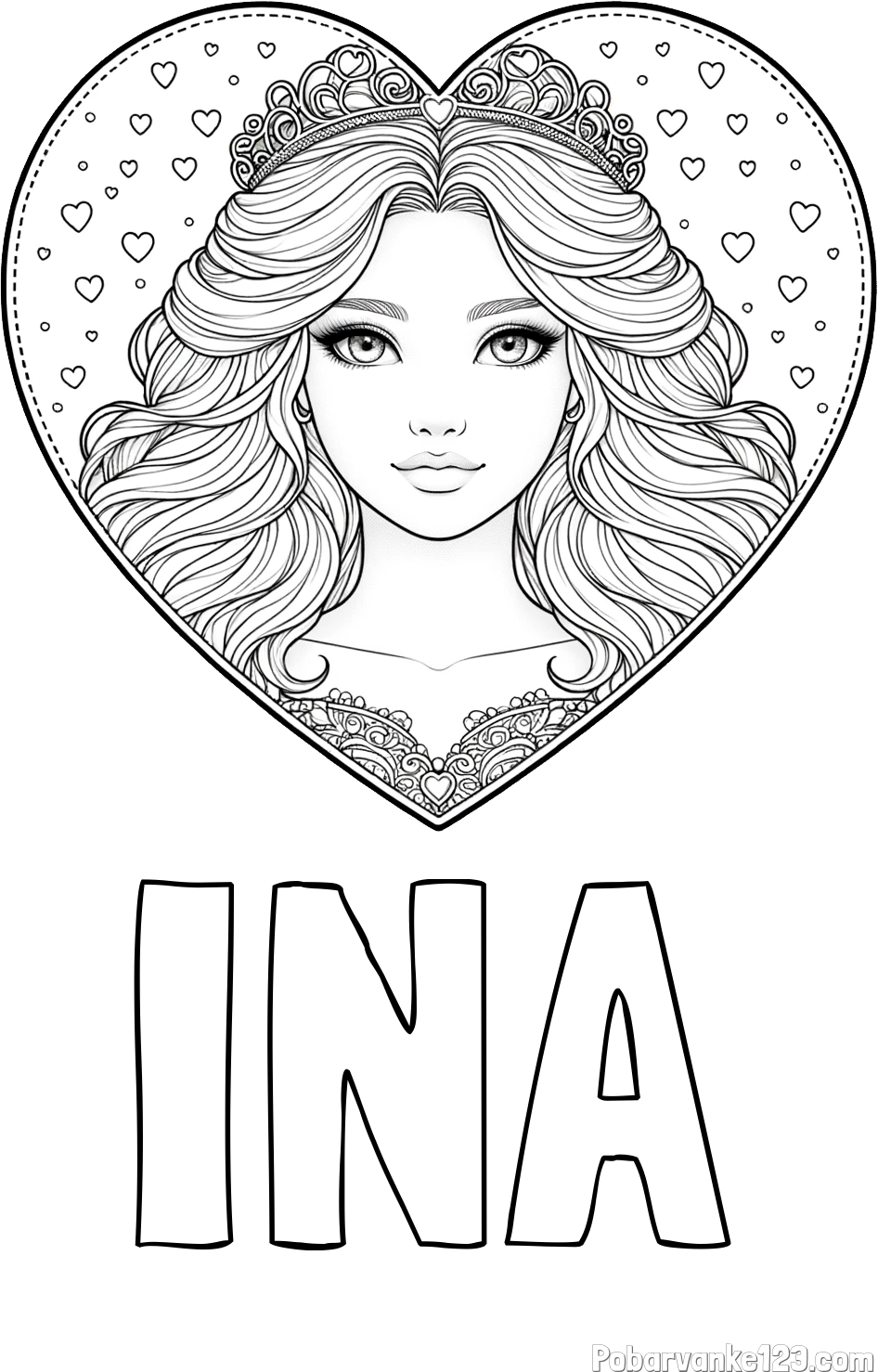 Pobarvanka imena INA in pobarvanka ljubke princese v srčku