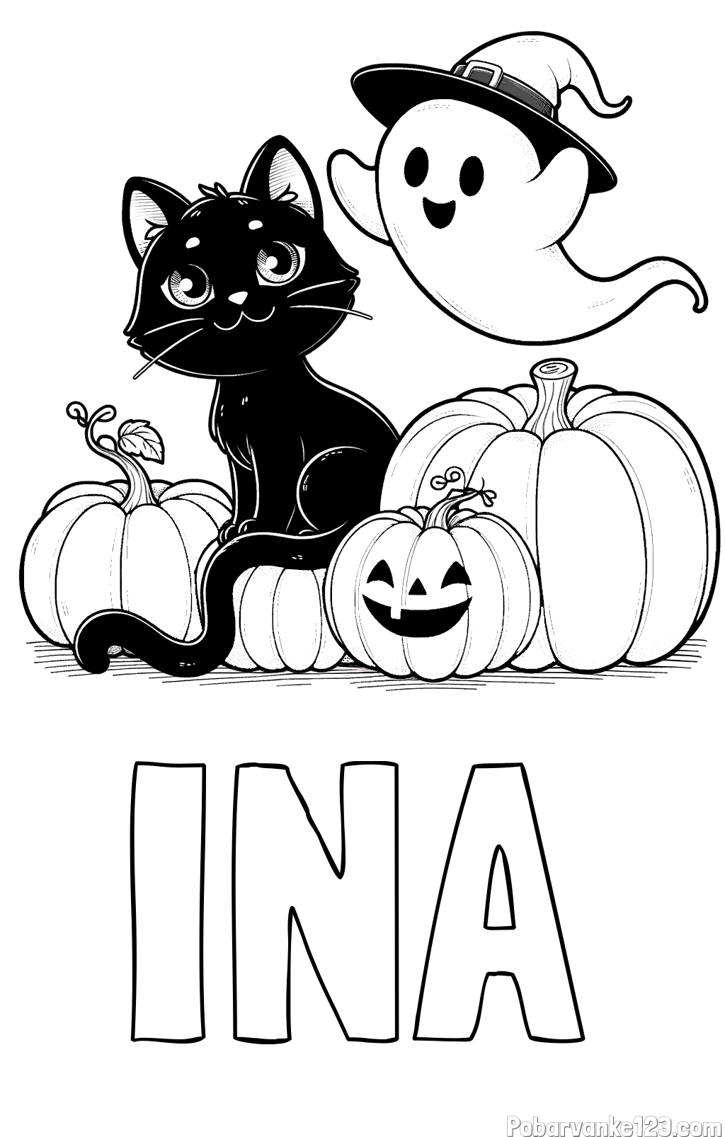 Pobarvanka imena INA in pobarvanka prijaznega duhca, črne mačke ter buč za noč čarovnic