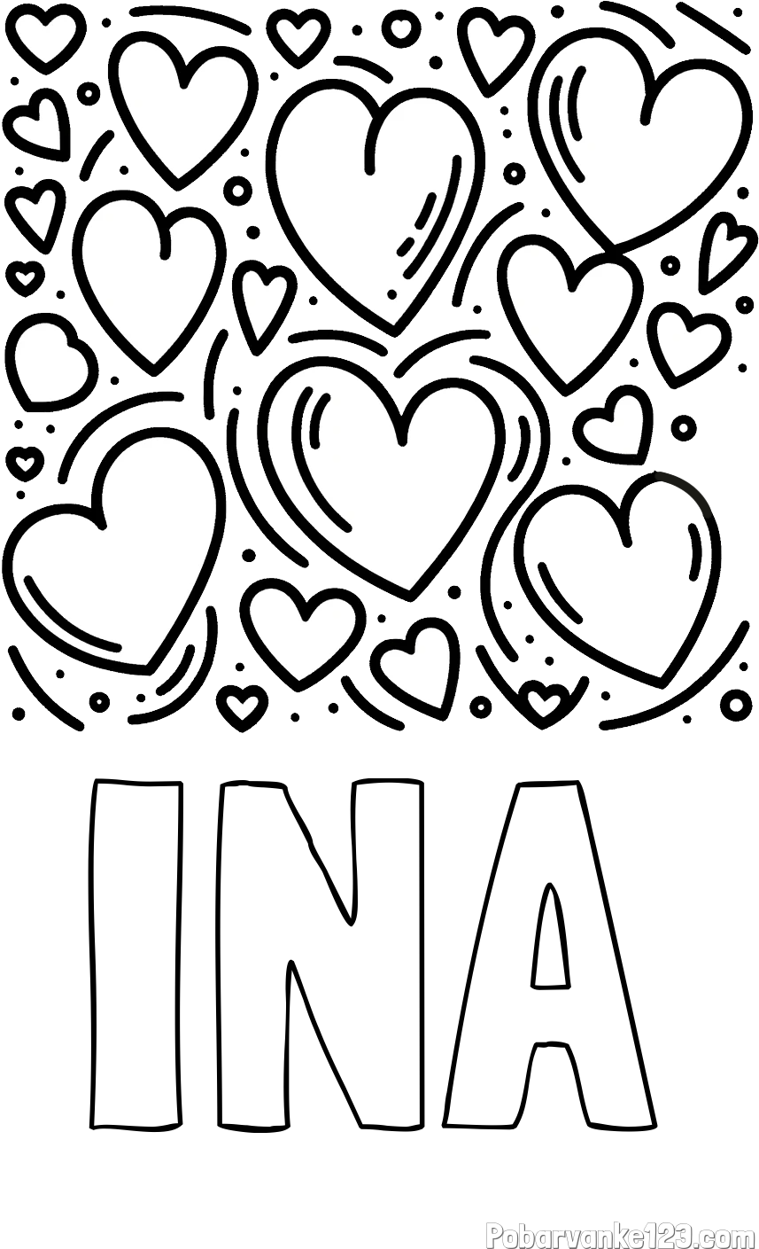 Pobarvanka imena INA in pobarvanka s srčki