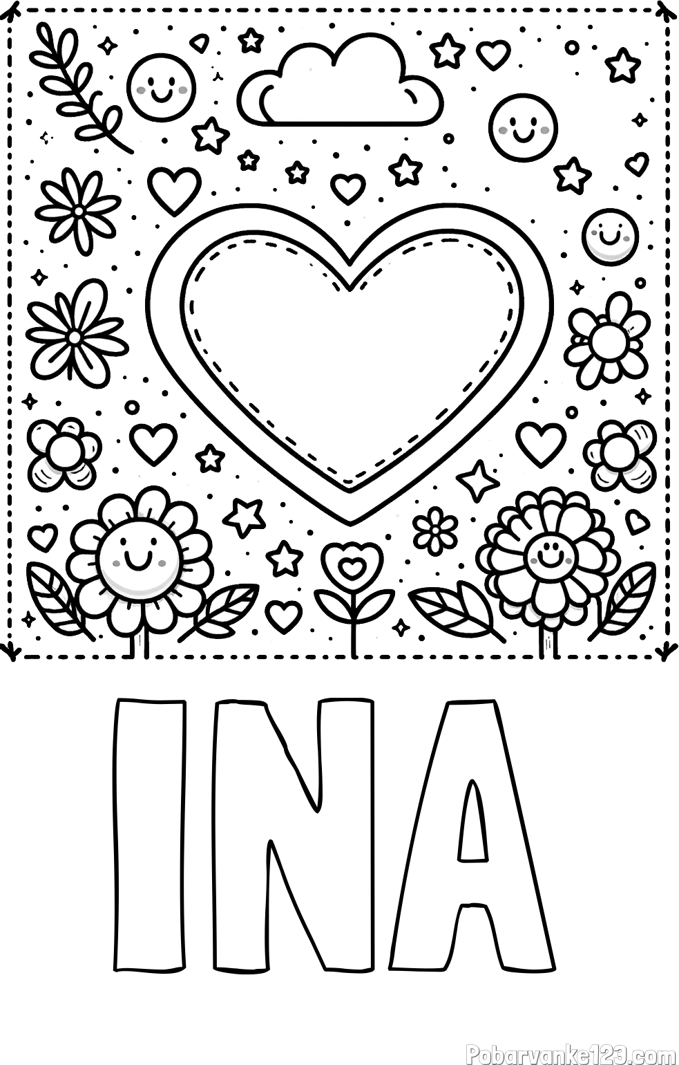 Pobarvanka imena INA in pobarvanka srčka ter rožic