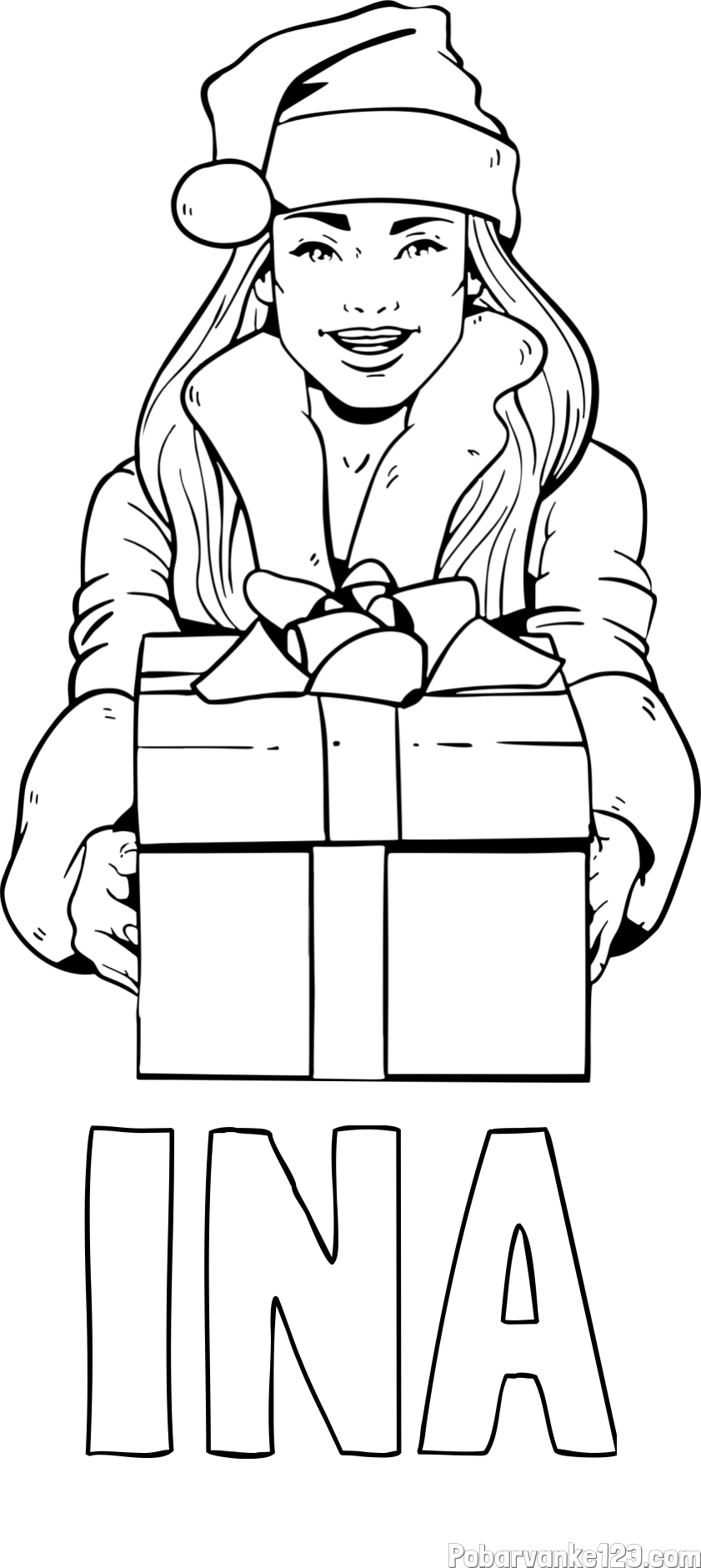 Pobarvanka imena INA in pobarvanka ženske oblečene v Božička z darilom