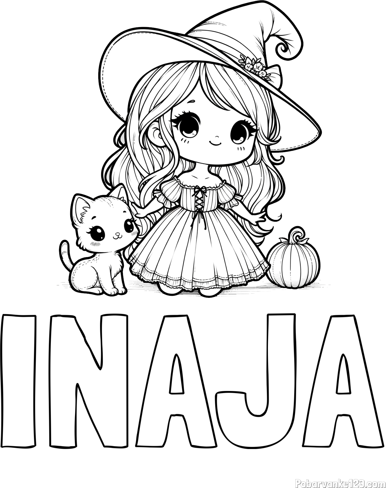 Pobarvanka imena INAJA in pobarvanka ljubke čarovnice, muce in buče