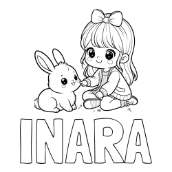 Online izdelana pobarvanka - Pobarvanka imena INARA in pobarvanka ljubke punčke, ki se igra z zajčkom