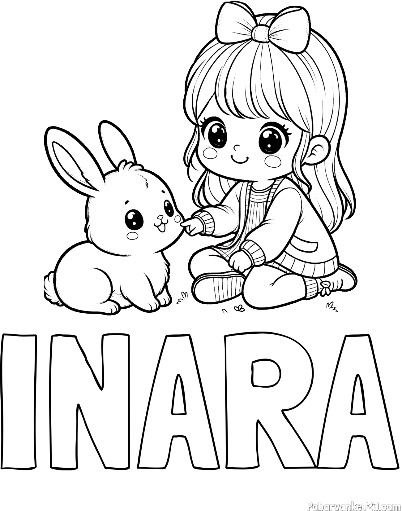 Pobarvanka imena INARA in pobarvanka ljubke punčke, ki se igra z zajčkom