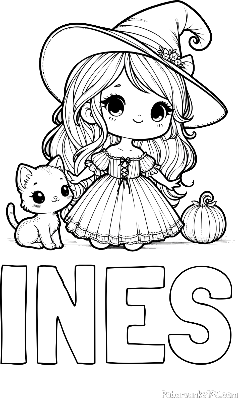 Pobarvanka imena INES in pobarvanka ljubke čarovnice, muce in buče