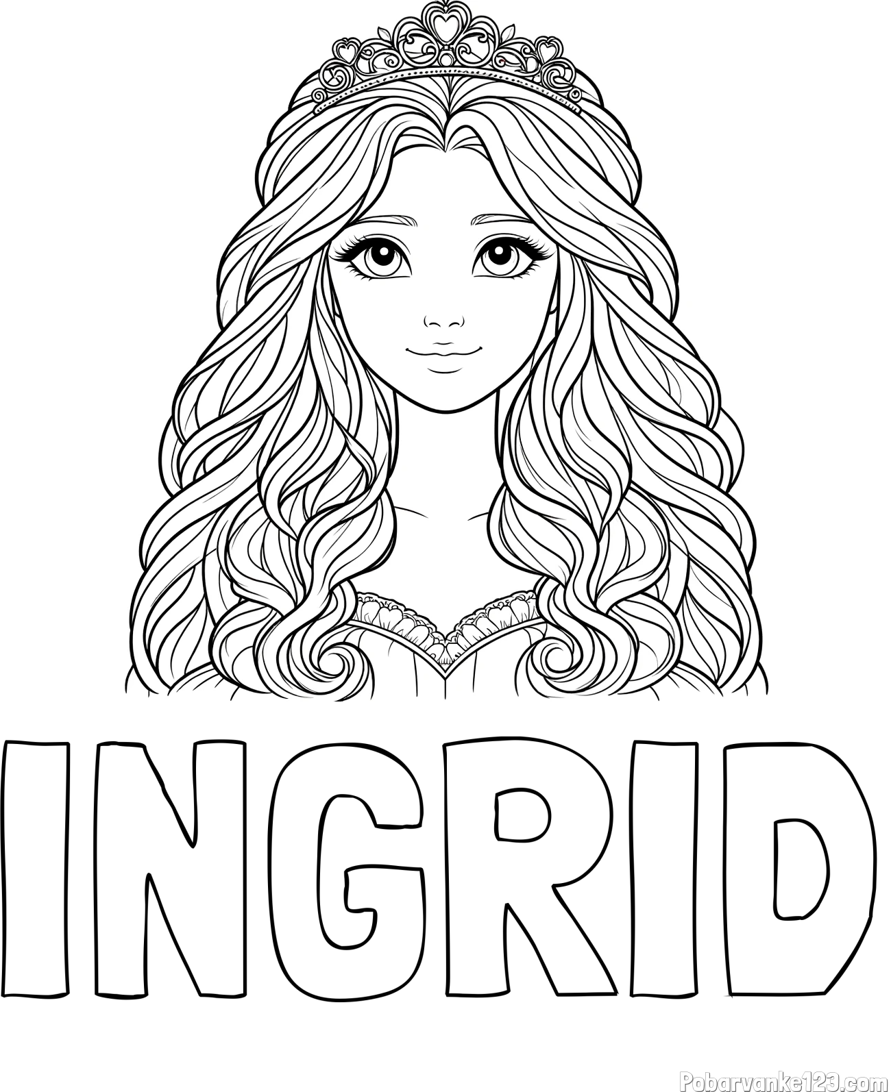 Pobarvanka imena INGRID in pobarvanka ljubke princese z bujnimi lasmi