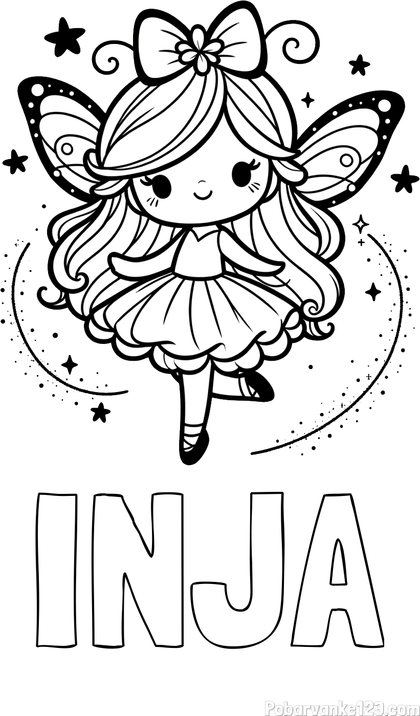 Pobarvanka imena INJA in ljubka čarobna vila