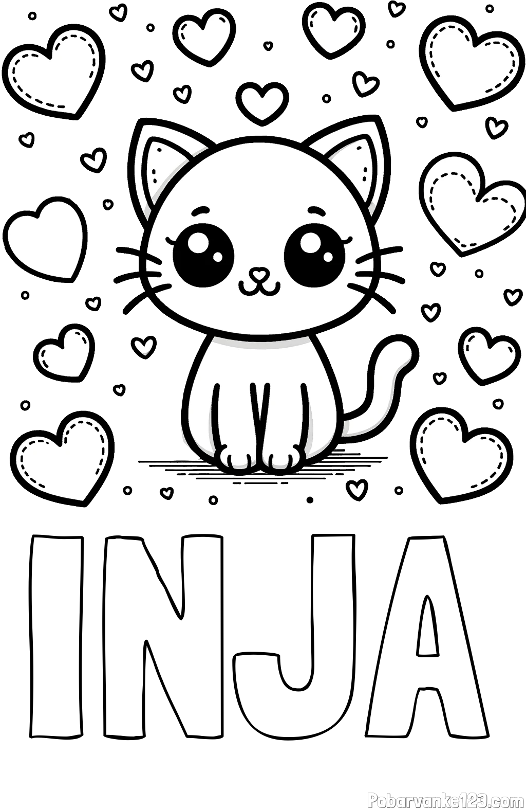 Pobarvanka imena INJA in pobarvanka ljubke mucke obdane z veliko srčki