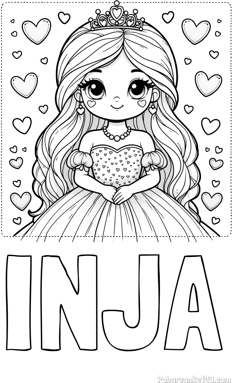 Pobarvanka imena INJA in pobarvanka ljubke princese obdane s srčki