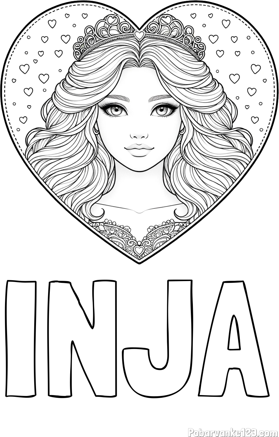 Pobarvanka imena INJA in pobarvanka ljubke princese v srčku