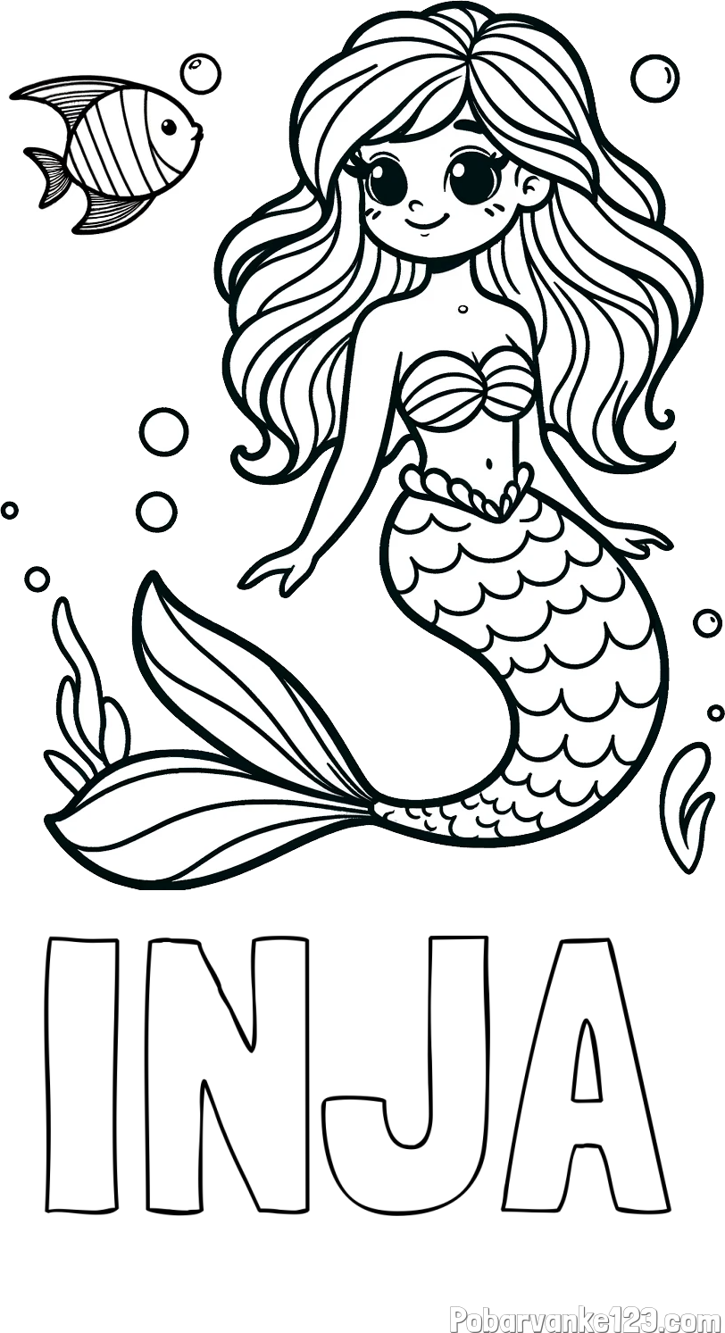 Pobarvanka imena INJA in pobarvanka male morske deklice in ribice