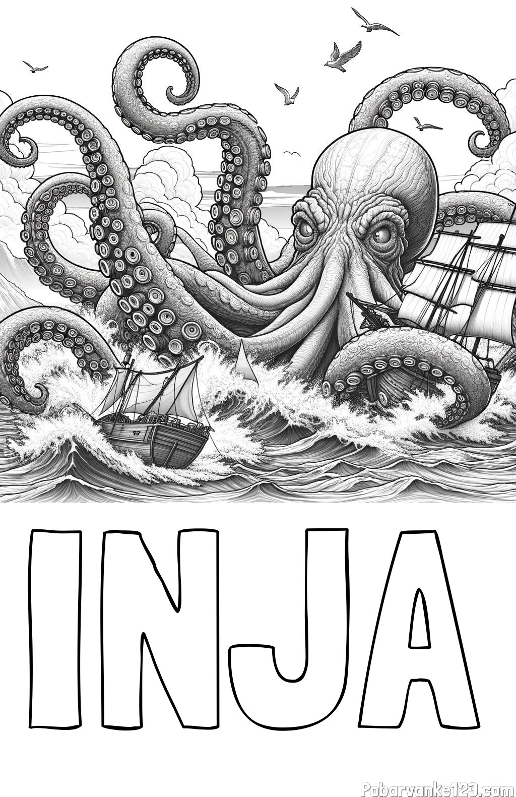 Pobarvanka imena INJA in pobarvanka orjaške hobotnice, ki je napadla veliko gusarsko ladjo