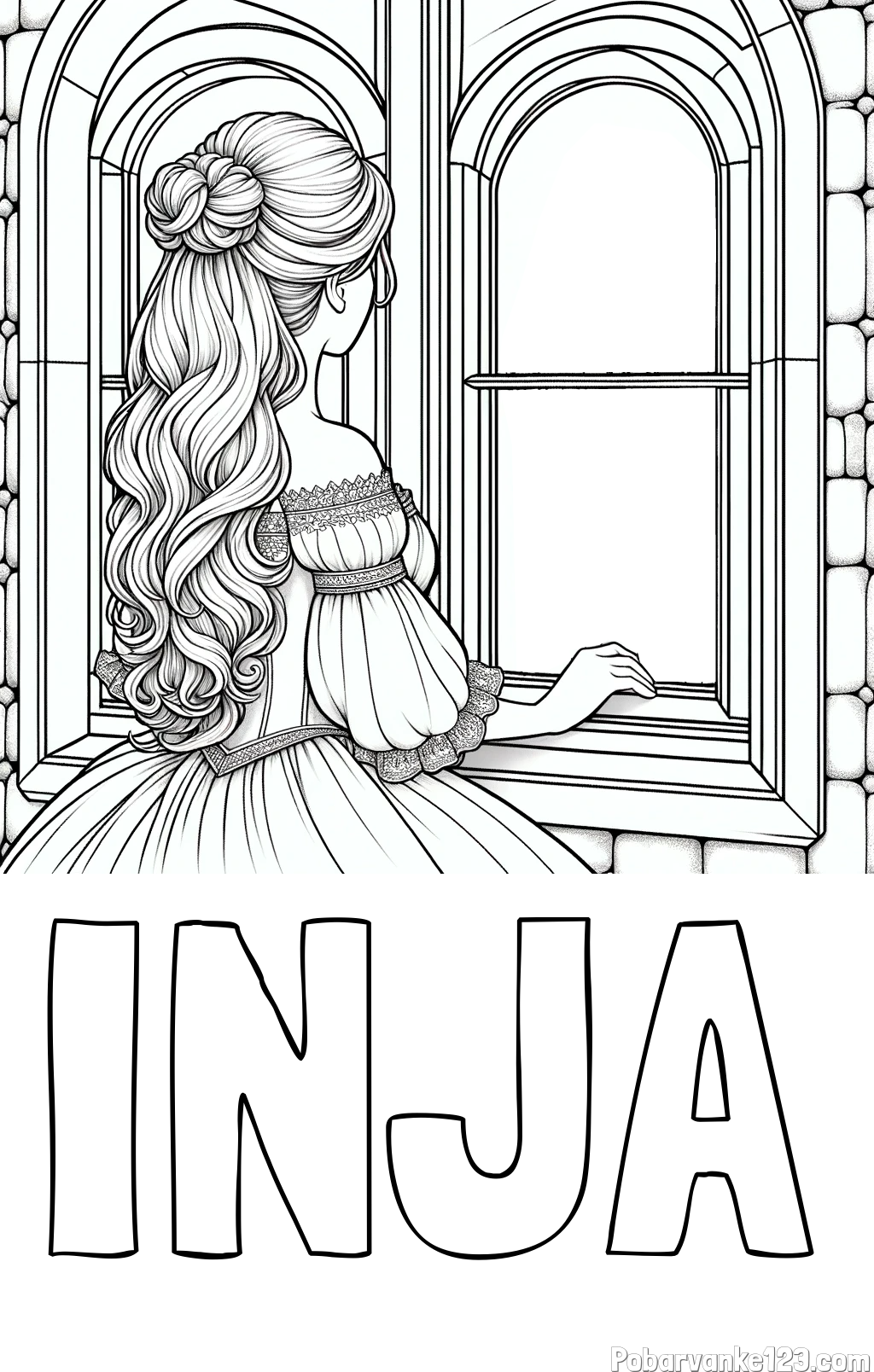 Pobarvanka imena INJA in pobarvanka princese, ki gleda skozi okno