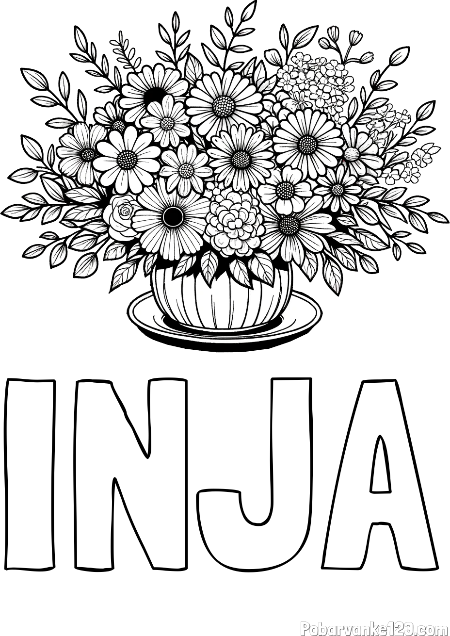 Pobarvanka imena INJA in pobarvanka velikega šopka rož