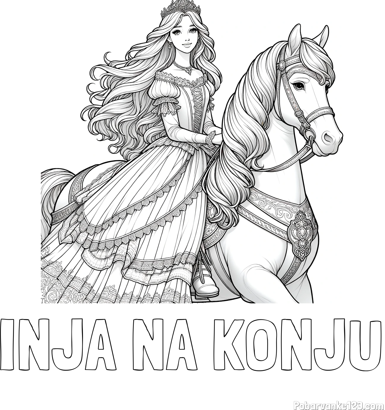 Pobarvanka imena INJA NA KONJU in pobarvanka nasmejana princese na konju