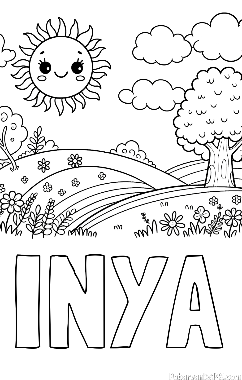 Pobarvanka imena INYA in otroška pobarvanka narave