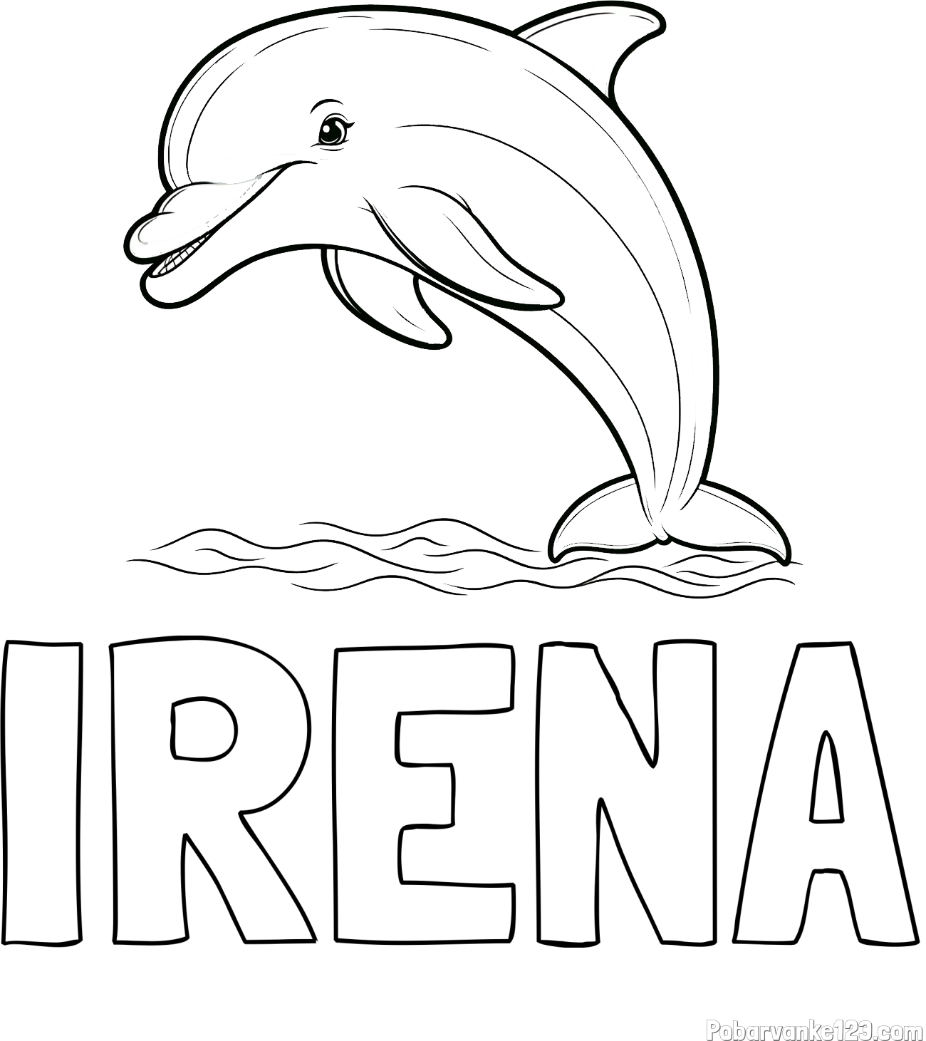 Pobarvanka imena IRENA in otroška pobarvanka nasmejanega delfina v skoku