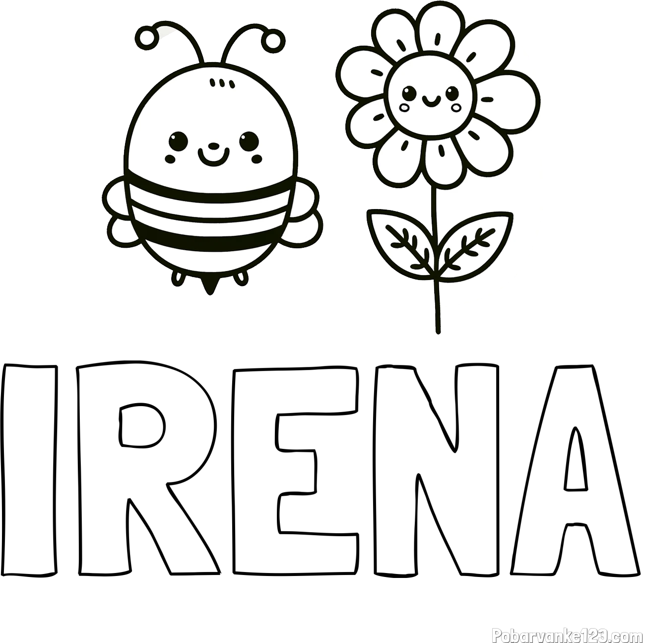 Pobarvanka imena IRENA in pobarvanka ljubke čebelice in nasmejane rože