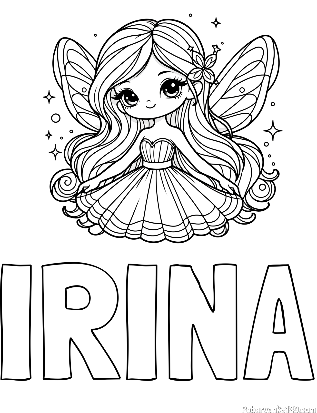 Pobarvanka imena IRINA in pobarvanka ljubke in nasmejane čarobne vile