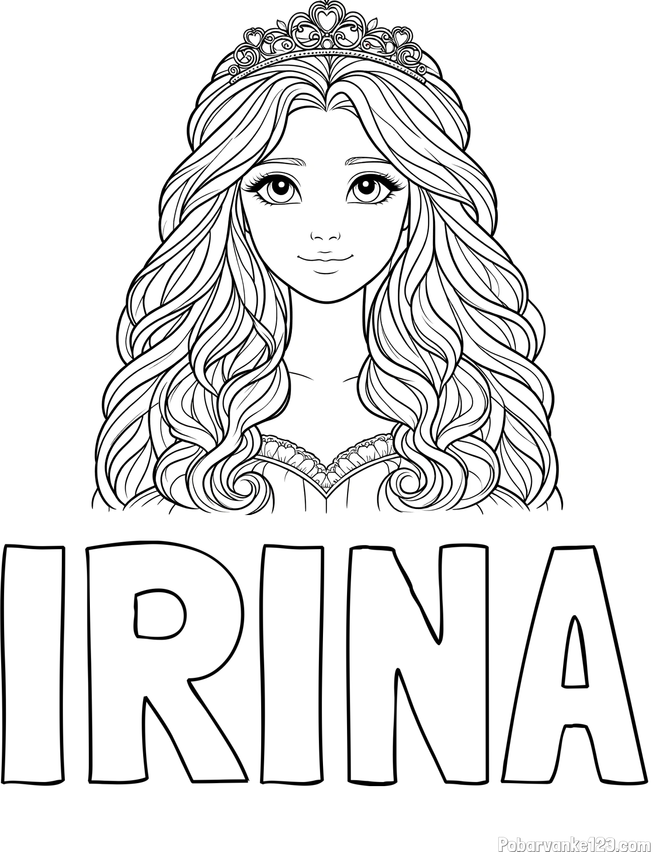 Pobarvanka imena IRINA in pobarvanka ljubke princese z bujnimi lasmi