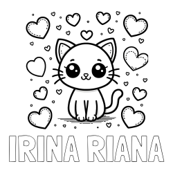 Online izdelana pobarvanka - Pobarvanka imena IRINA RIANA in pobarvanka ljubke mucke obdane z veliko srčki