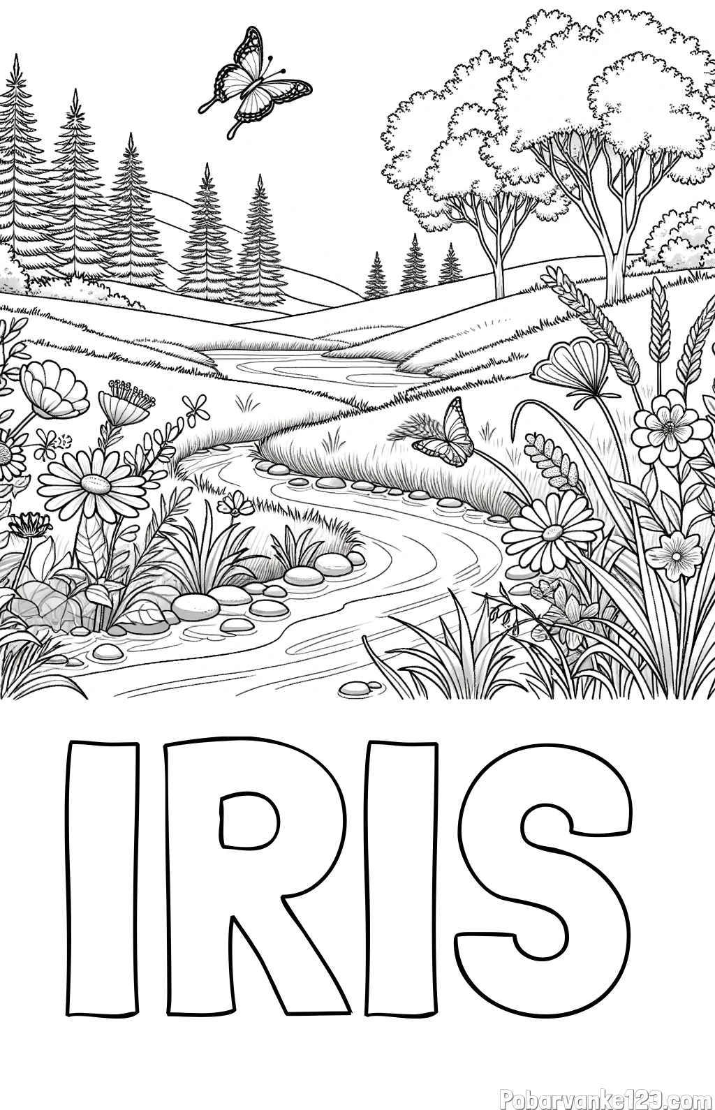 Pobarvanka imena IRIS in pobarvanka cvetoče narave