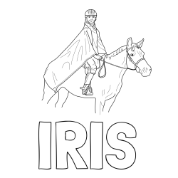 Online izdelana pobarvanka - Pobarvanka imena IRIS in pobarvanka jahalke in konja