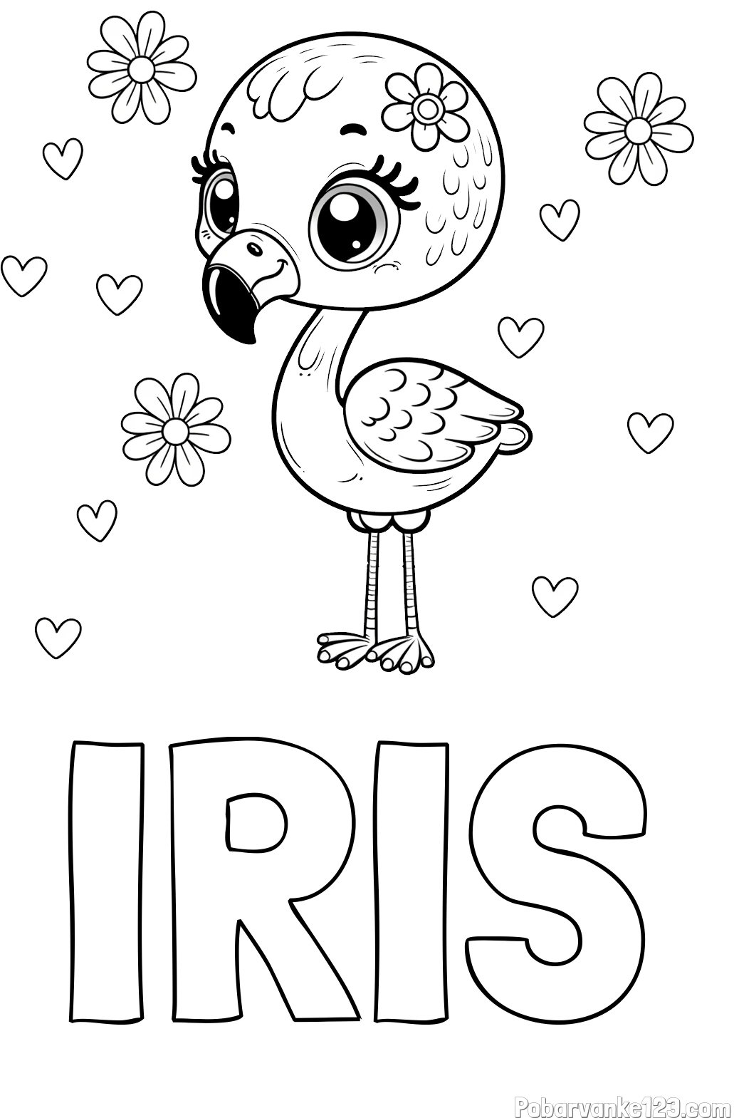 Pobarvanka imena IRIS in pobarvanka mladička flaminga z rožicami in srčki