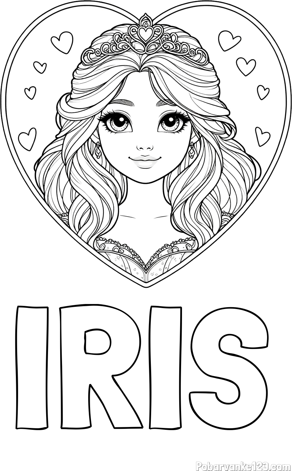Pobarvanka imena IRIS in pobarvanka princeske ter srčkov