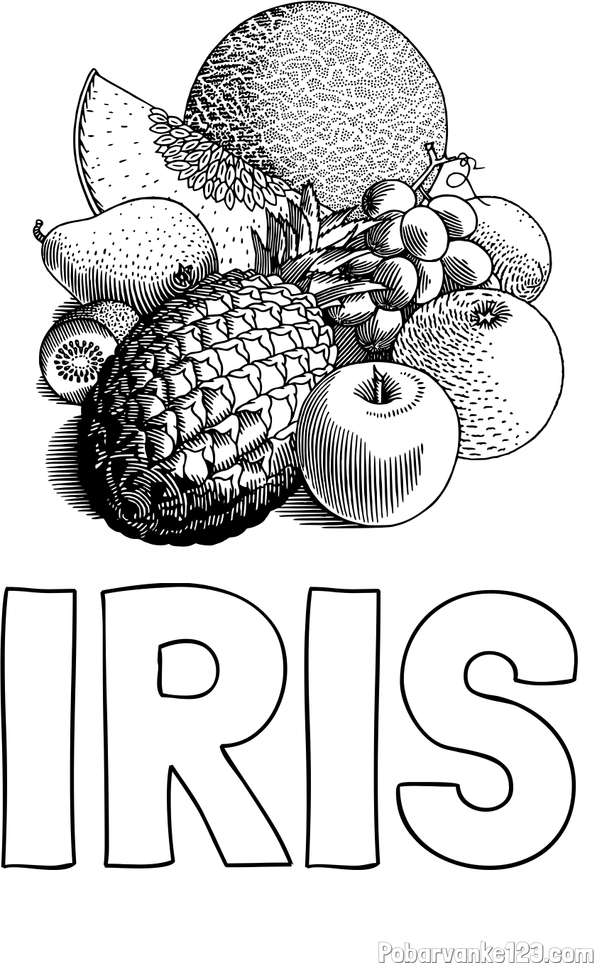 Pobarvanka imena IRIS in pobarvanka sadja (ananas, melona, jabolka, kivi, grozdje, pomaranča...)