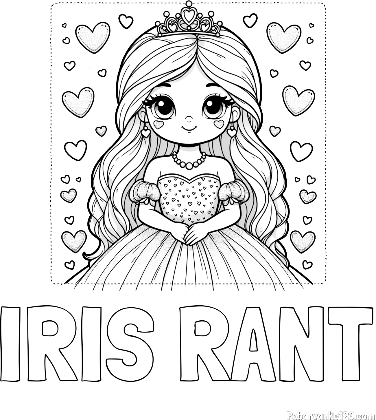 Pobarvanka imena IRIS RANT in pobarvanka ljubke princese obdane s srčki