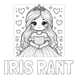Online izdelana pobarvanka - Pobarvanka imena IRIS RANT in pobarvanka ljubke princese obdane s srčki