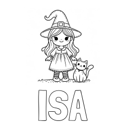 Online izdelana pobarvanka - Pobarvanka imena ISA in Čudovita pobarvanka ljubke čarovnice in nasmejane mačke