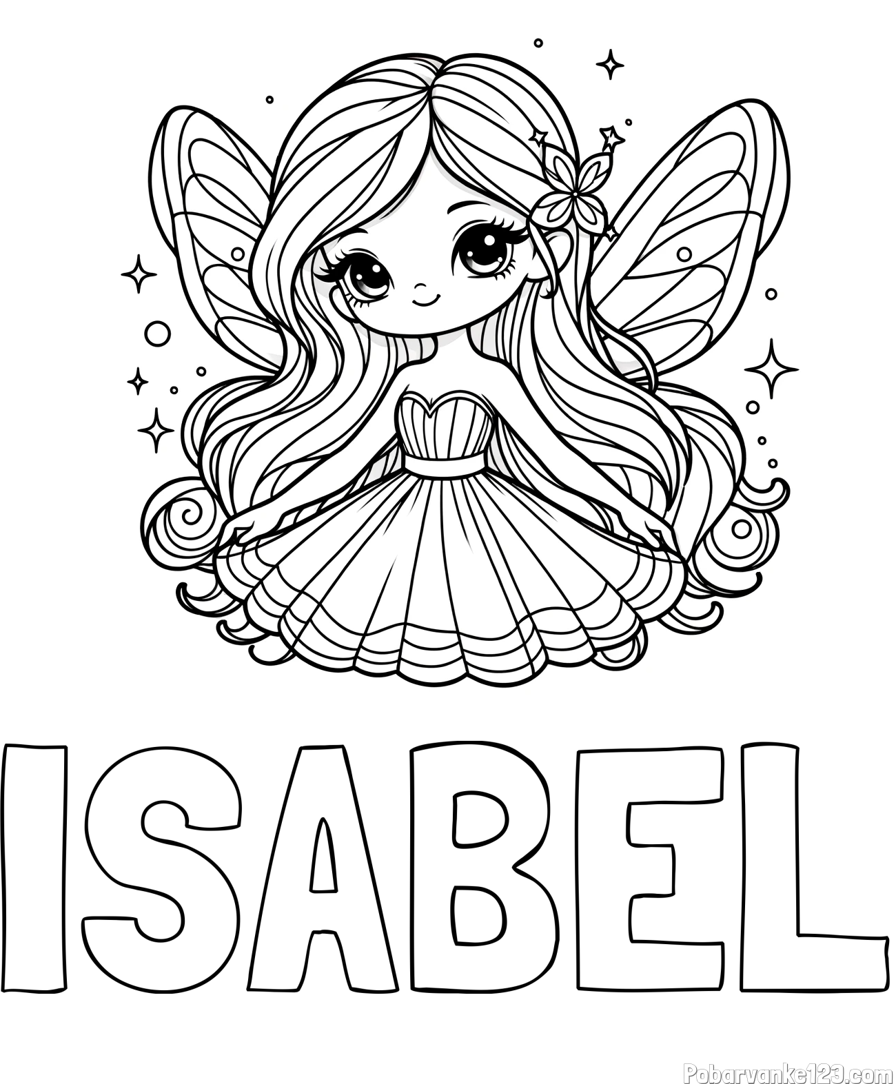 Pobarvanka imena ISABEL in pobarvanka ljubke in nasmejane čarobne vile