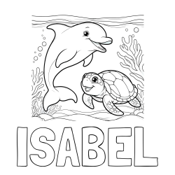 Online izdelana pobarvanka - Pobarvanka imena ISABEL in pobarvanka ljubkega delfina z želvo v morju