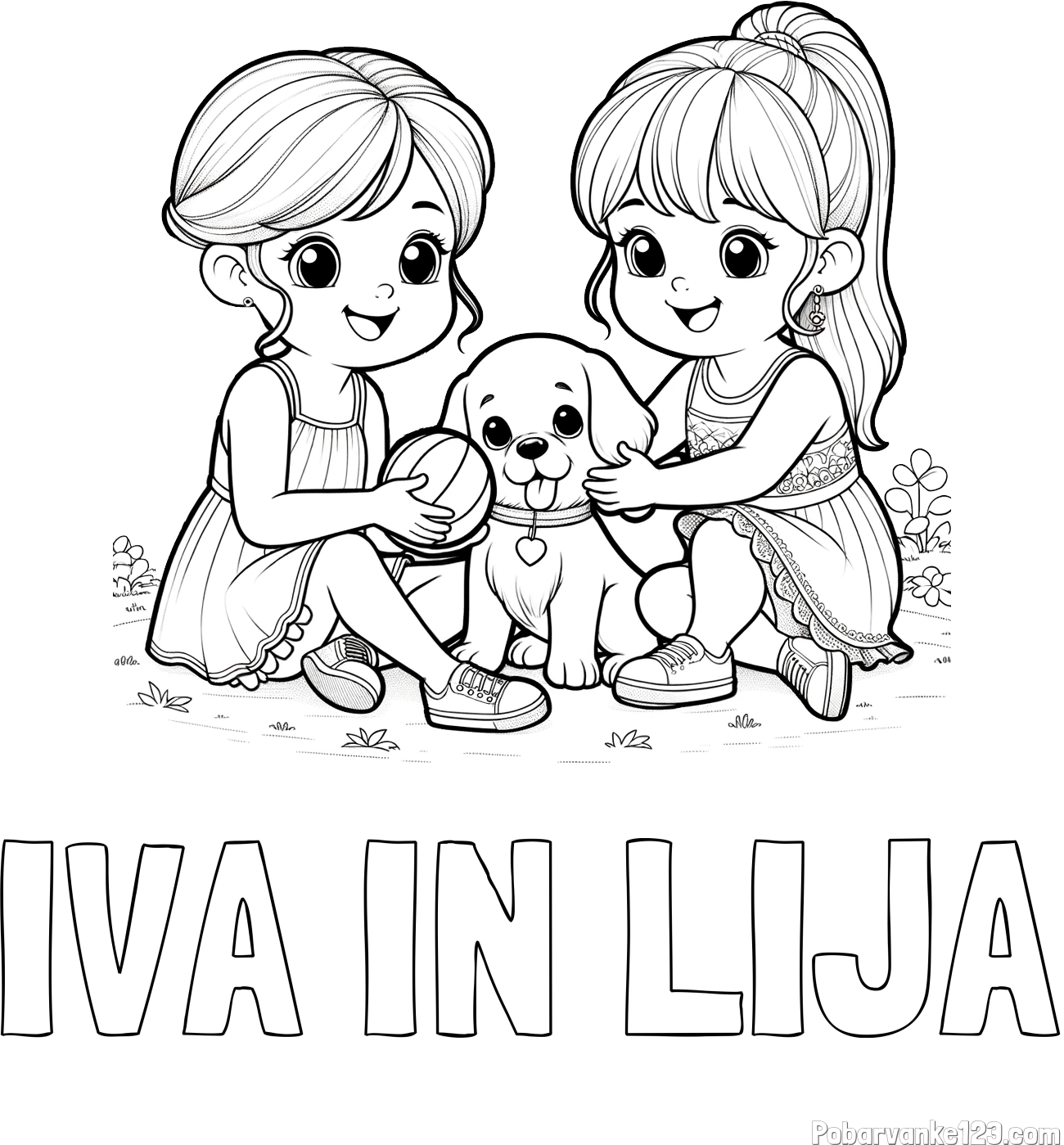 Pobarvanka imena IVA IN LIJA in pobarvanka prijateljic s kužkom