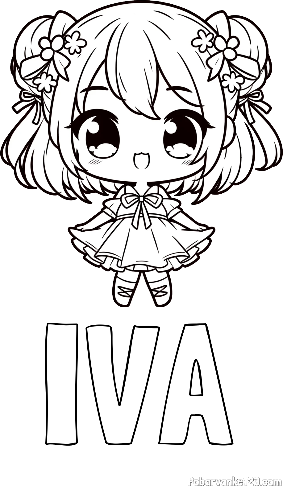 Pobarvanka imena IVA in otroška pobarvanka punčke v japonskem anime slogu