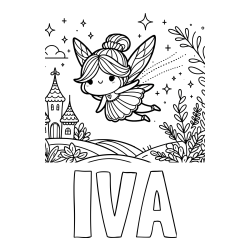 Pobarvanka imena IVA in pobarvanka čarobne vile, ki leti nad pravljično pokrajino