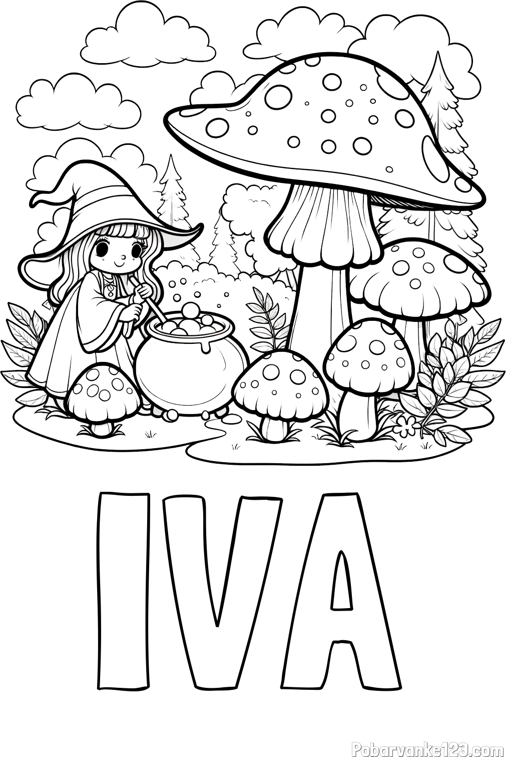 Pobarvanka imena IVA in pobarvanka čarovnice med gobami