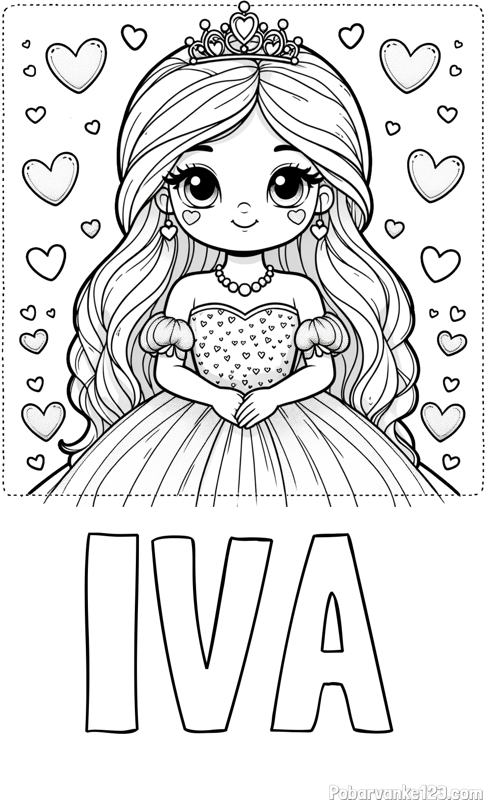 Pobarvanka imena IVA in pobarvanka ljubke princese obdane s srčki