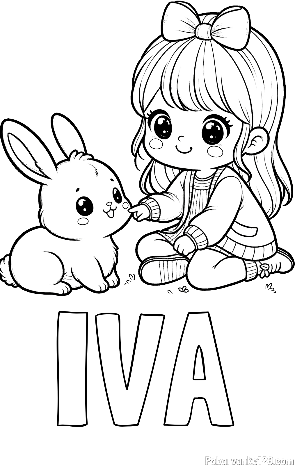 Pobarvanka imena IVA in pobarvanka ljubke punčke, ki se igra z zajčkom