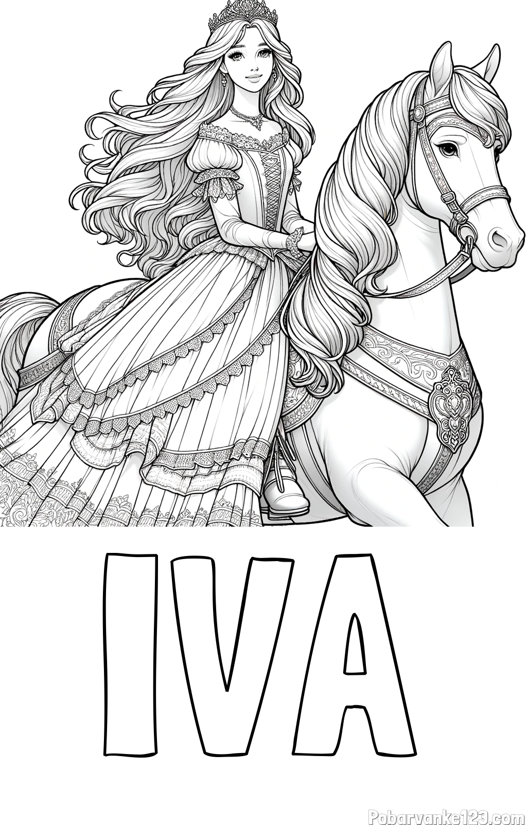 Pobarvanka imena IVA in pobarvanka nasmejana princese na konju