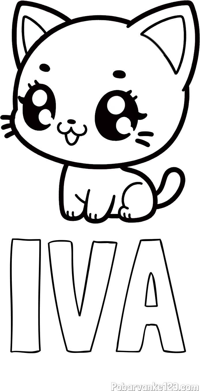 Pobarvanka imena IVA in pobarvnaka ljubke muce v anime slogu