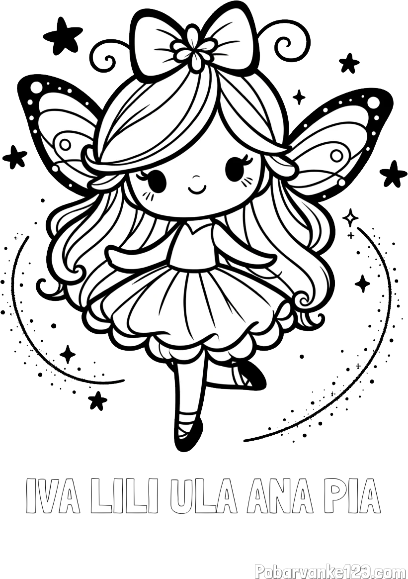 Pobarvanka imena IVA LILI ULA ANA PIA in ljubka čarobna vila