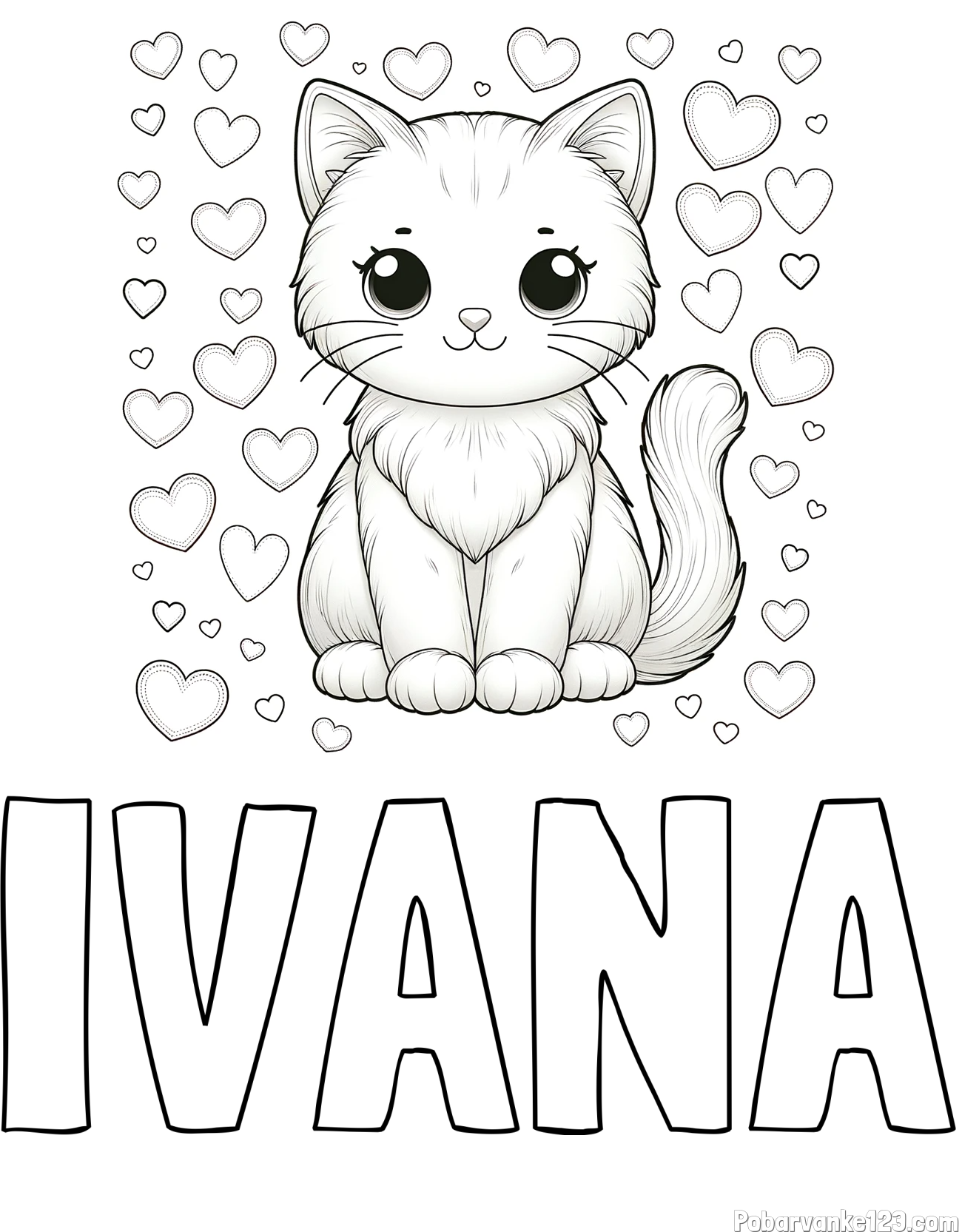 Pobarvanka imena IVANA in pobarvanka ljubke mucke obdane s srčki