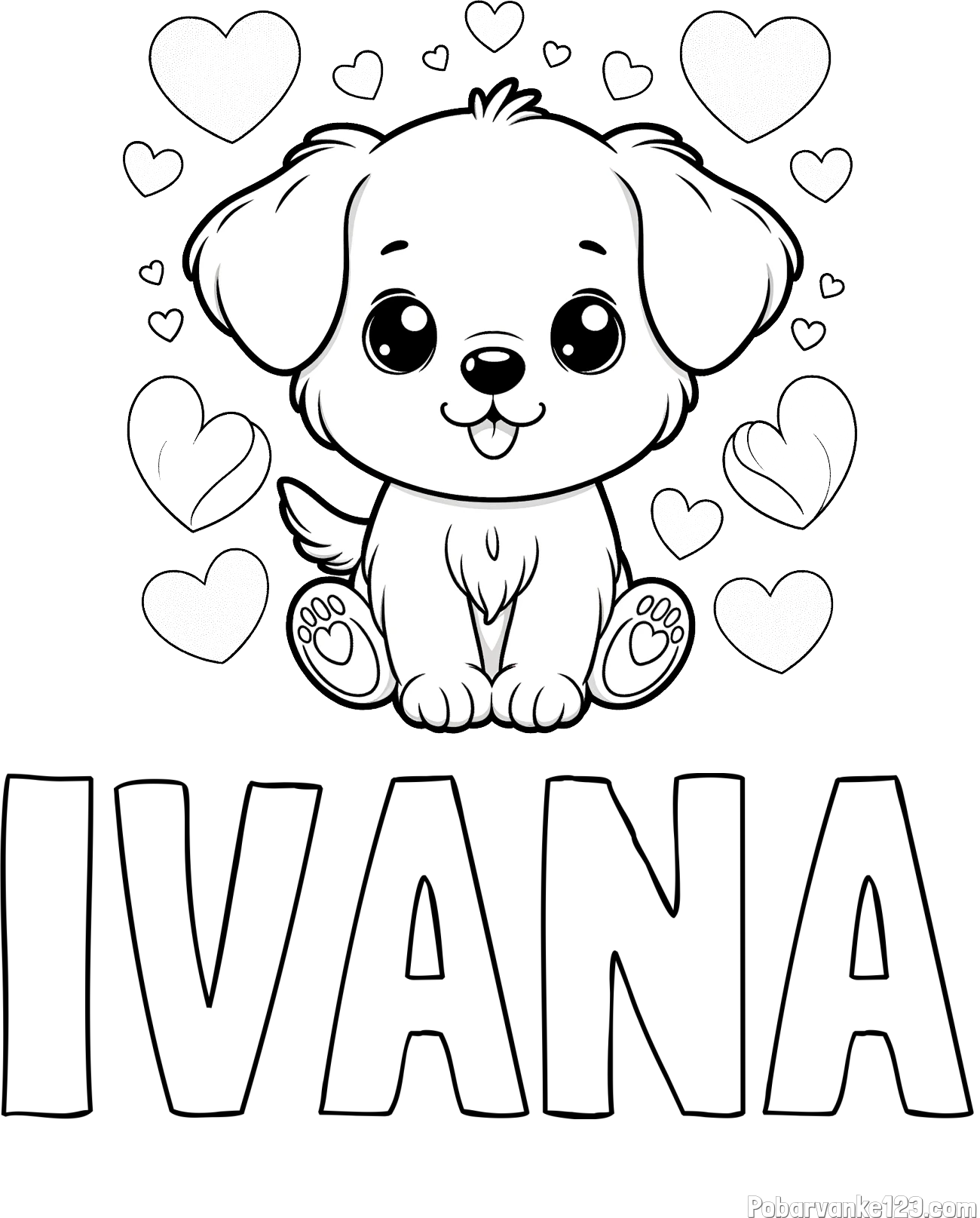 Pobarvanka imena IVANA in pobarvanka ljubkega kužka obdanega s srčki