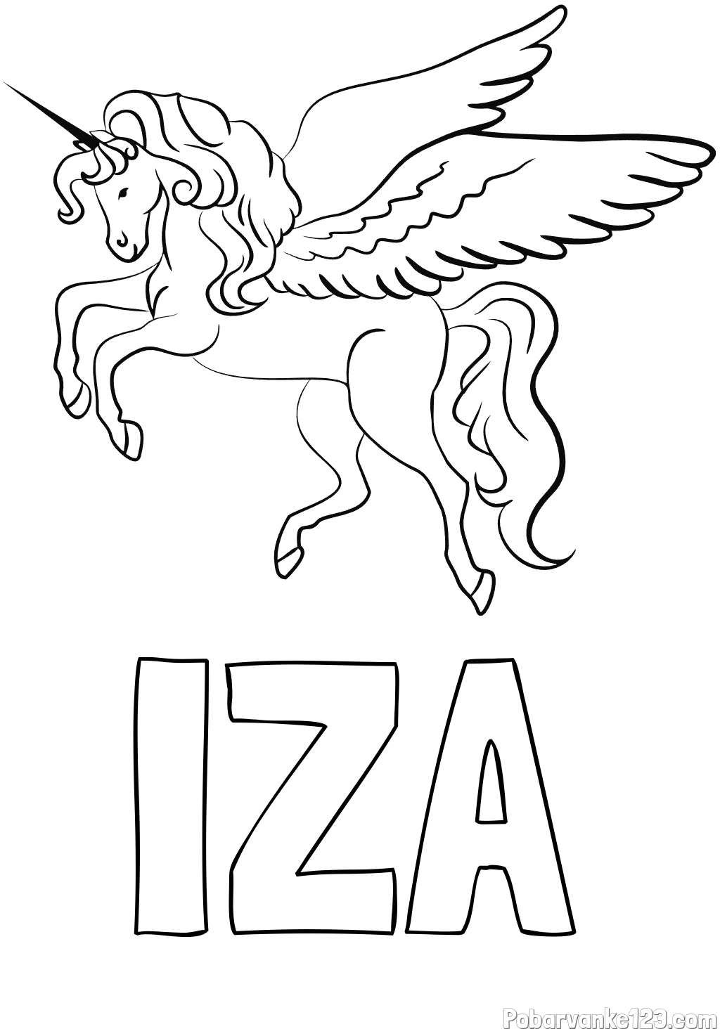 Pobarvanka imena IZA in lepa pobarvanka samoroga