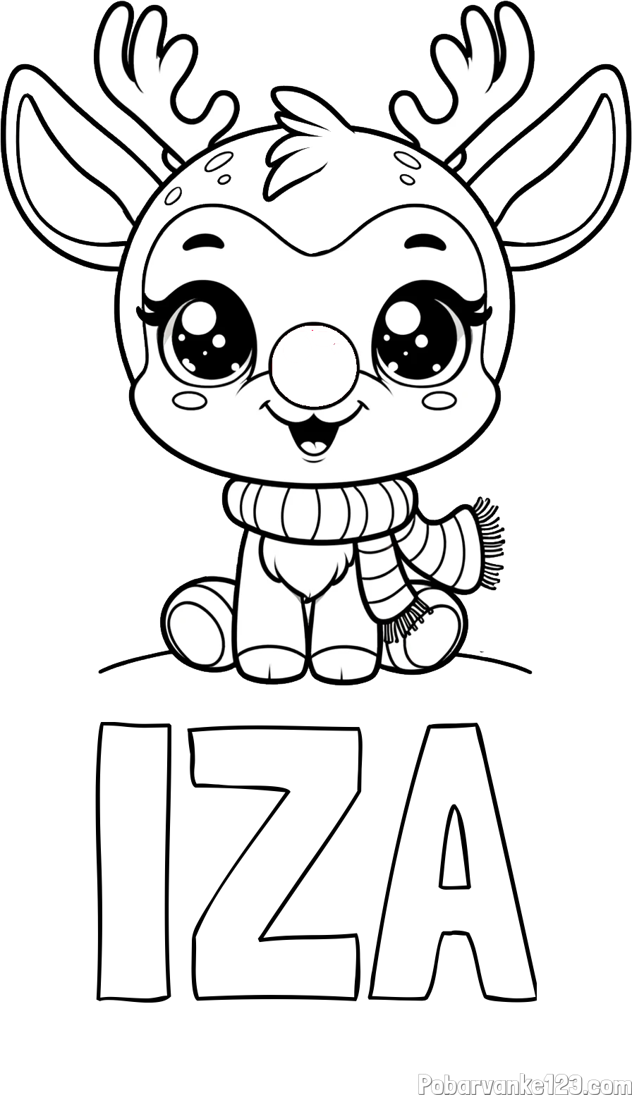 Pobarvanka imena IZA in otroška pobarvanka jelenčka Rudolfa s šalom okoli vratu