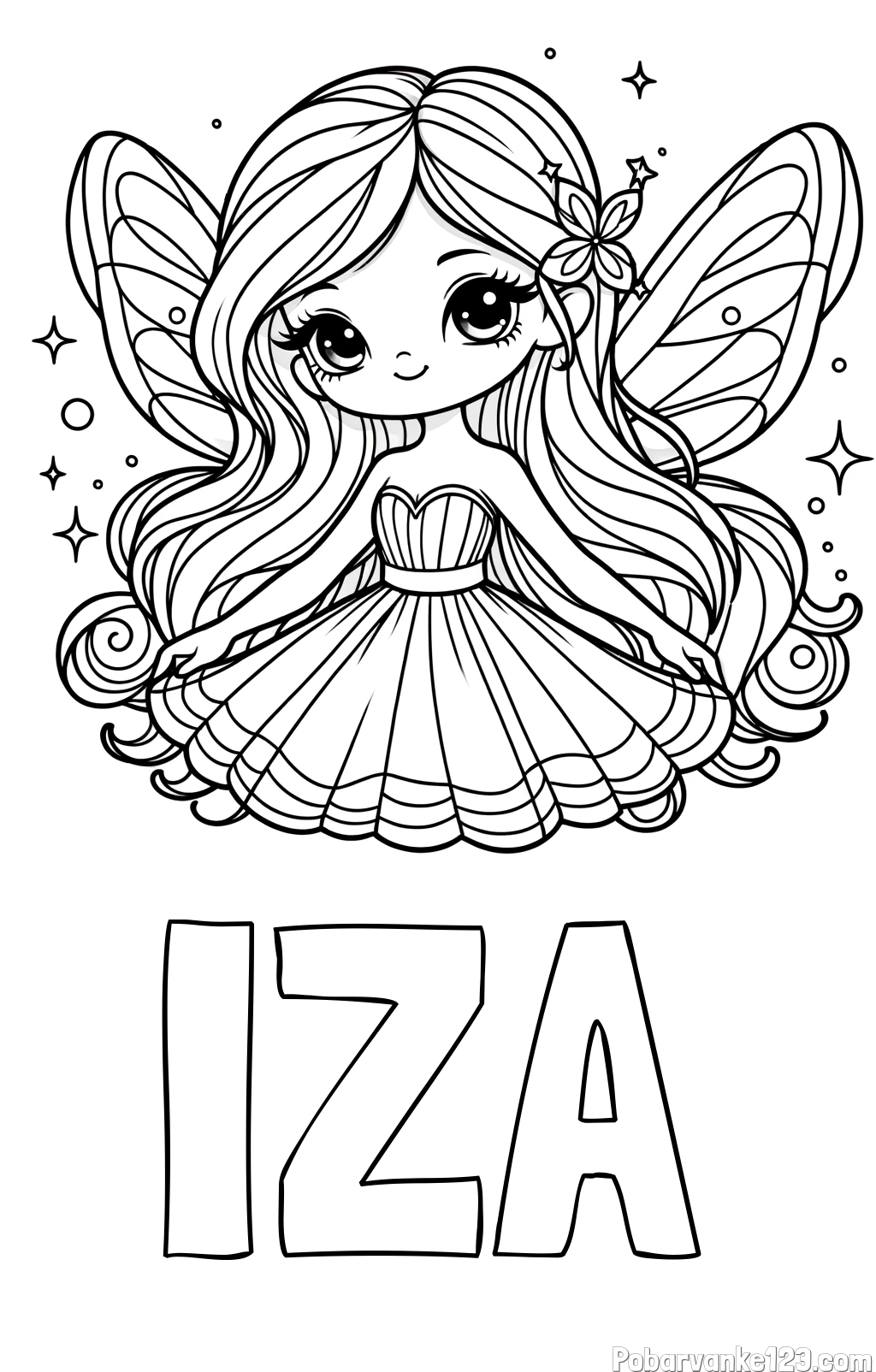 Pobarvanka imena IZA in pobarvanka ljubke in nasmejane čarobne vile