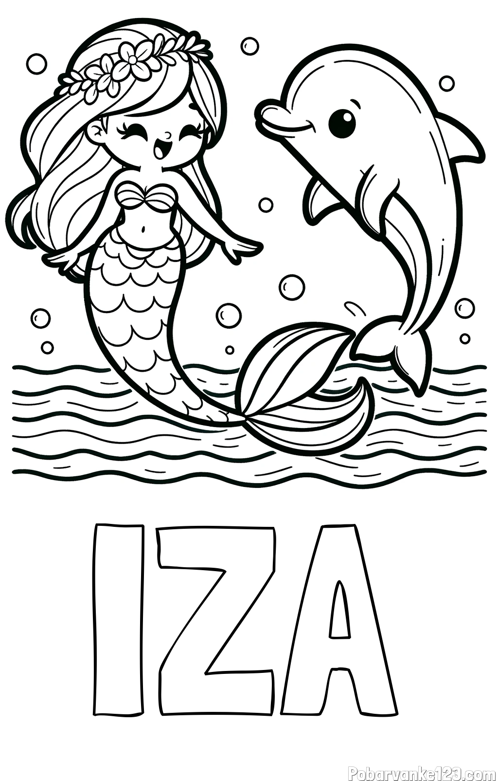 Pobarvanka imena IZA in pobarvanka ljubke morske deklice, ki pleše z delfinom